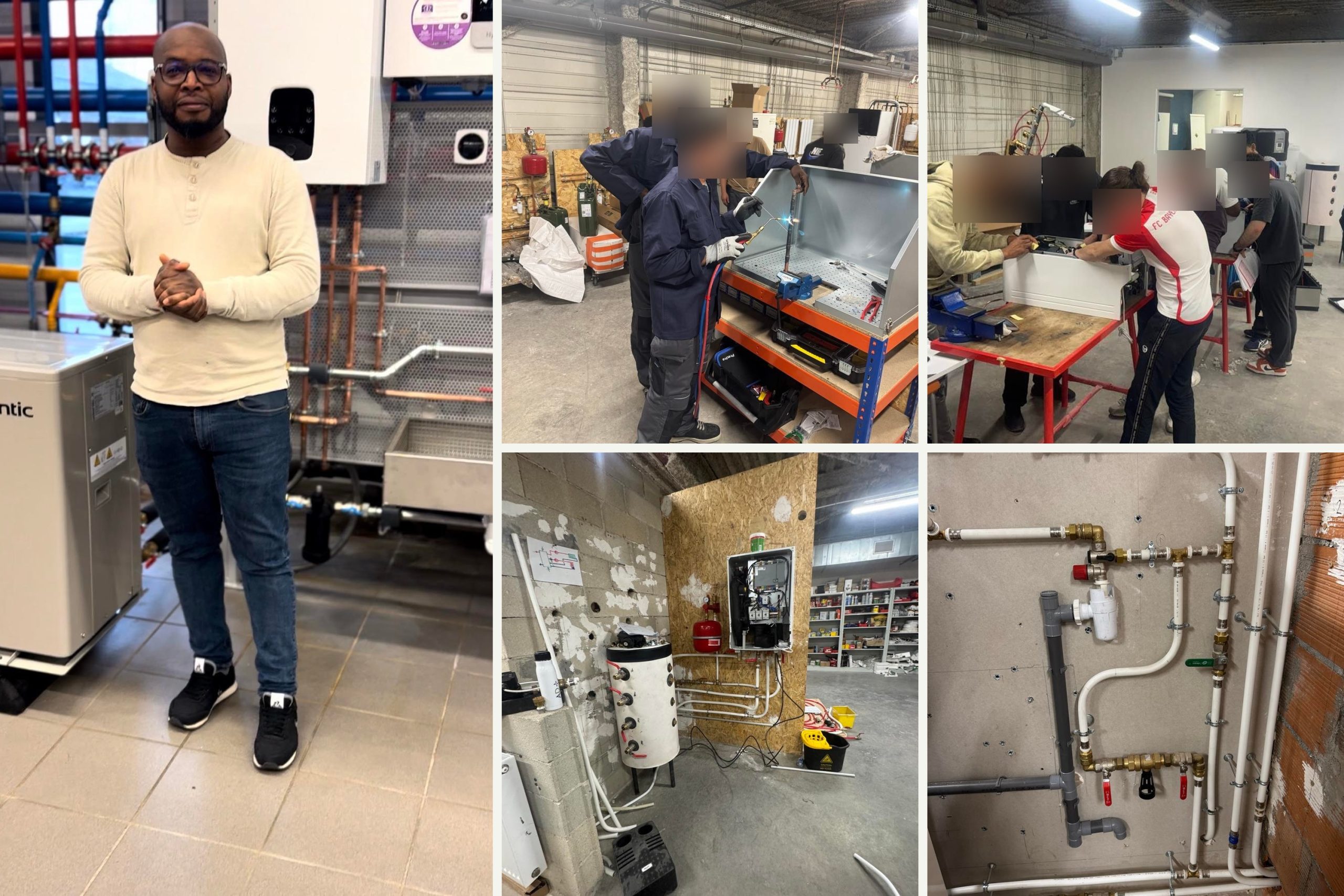 Alou Dia, fondateur d'AD Plus Confort, sur un plateau technique où il forme les futurs installateurs de pompes à chaleur