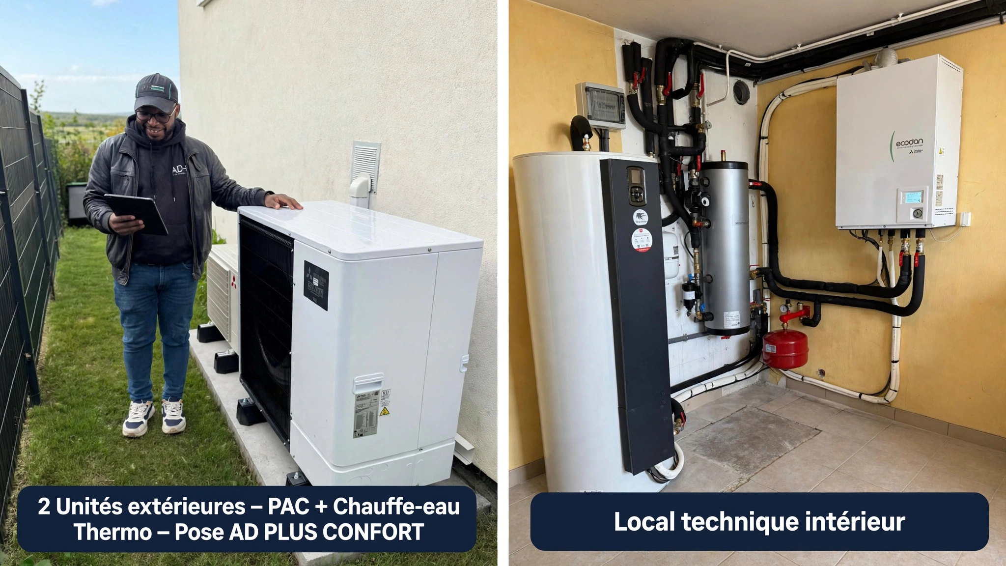 Pompe à chaleur Mitsubishi Ecodan et chauffe-eau thermodynamique split installés par AD Plus Confort : deux unités extérieures et le local technique