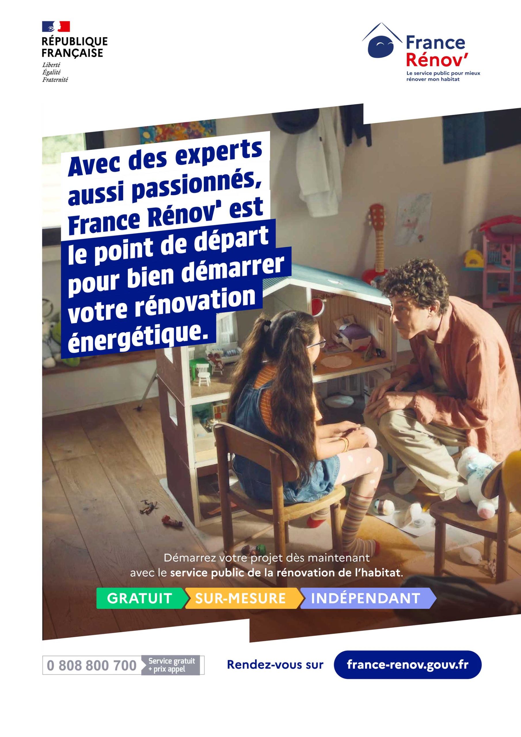 Affiche de la campagne du service public France Rénov' : gratuit, sur-mesure, indépendant